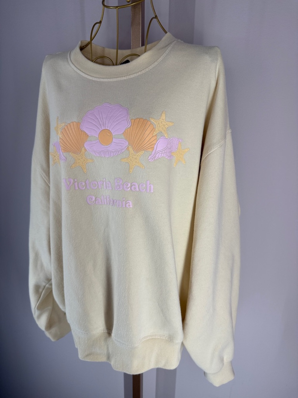 Pacsun Victoria Beach Crew Neck Cotton Blend Sweatshirt Top - Medium - Cream - Picture 10 of 17